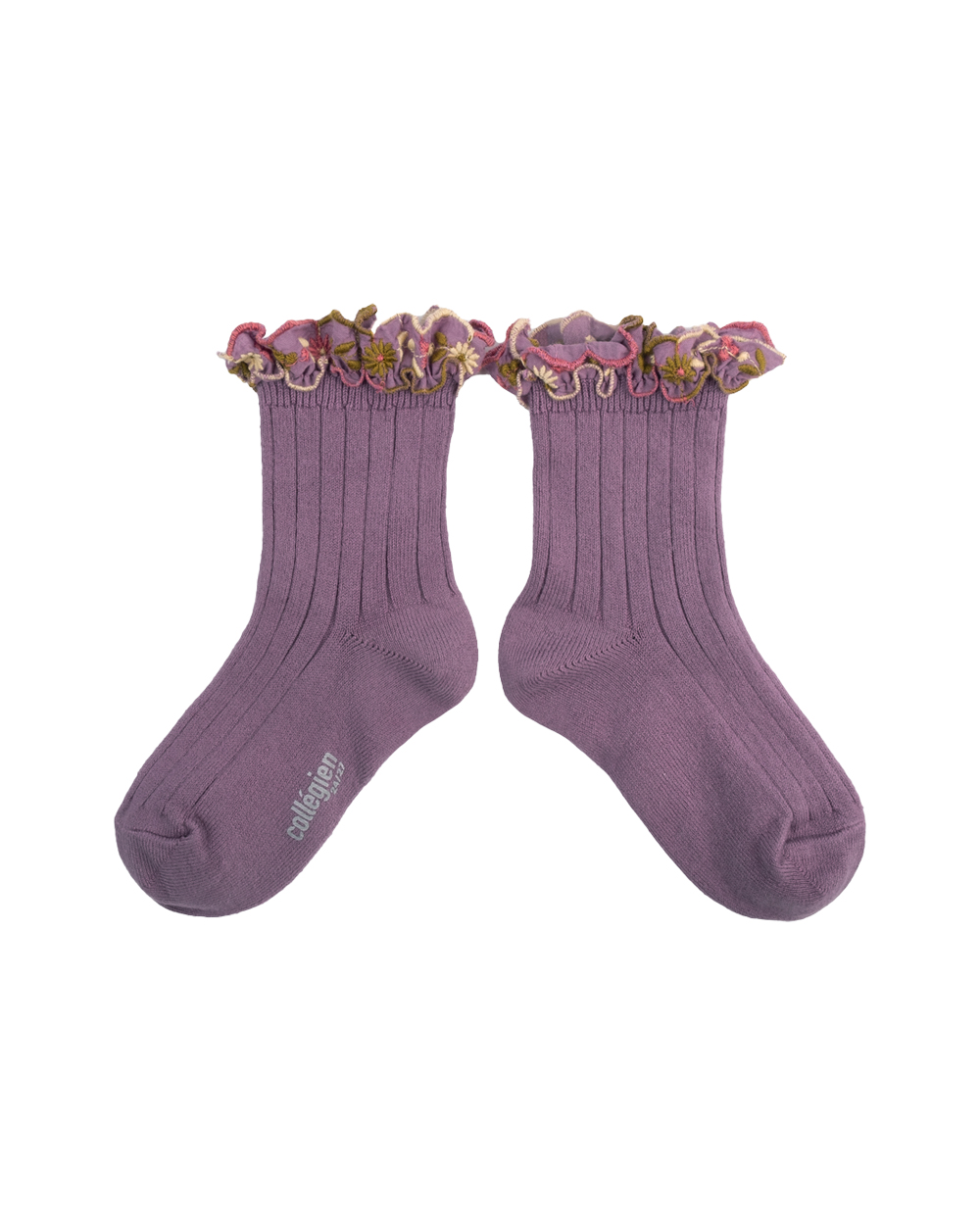 [Collégien] Anémone - Embroidered Ruffle Ribbed Ankle Socks - Glycine du Japon