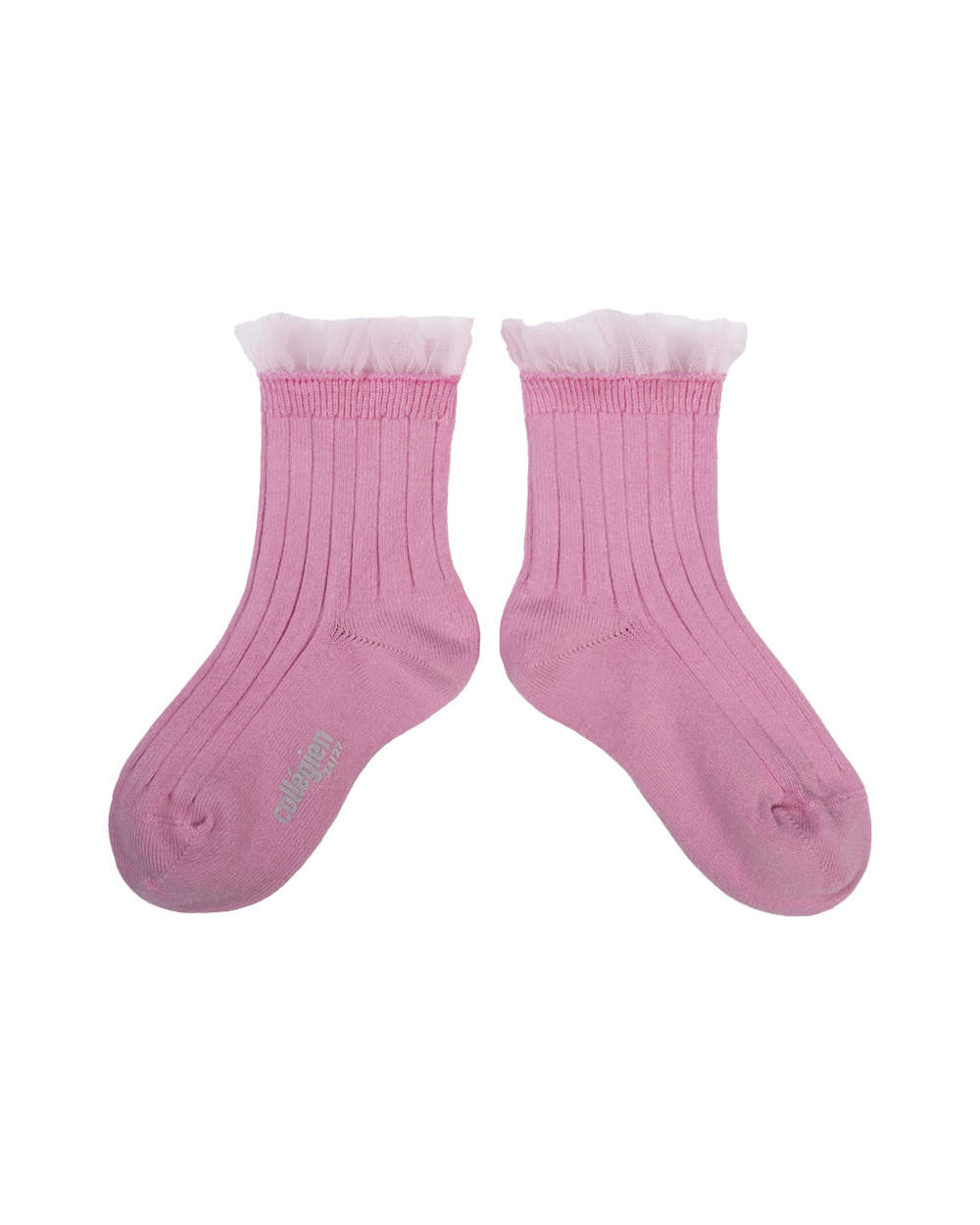 [Collégien] Margaux - Tulle Frill Ribbed Ankle Socks - Rose Bonbon